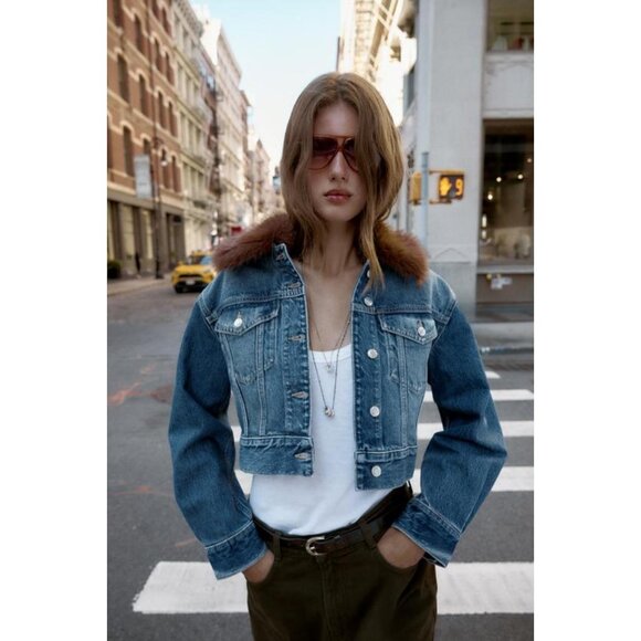 ZARA Z1975 FAUX FUR COLLAR SHORT DENIM JACKET - Picture 3 of 10